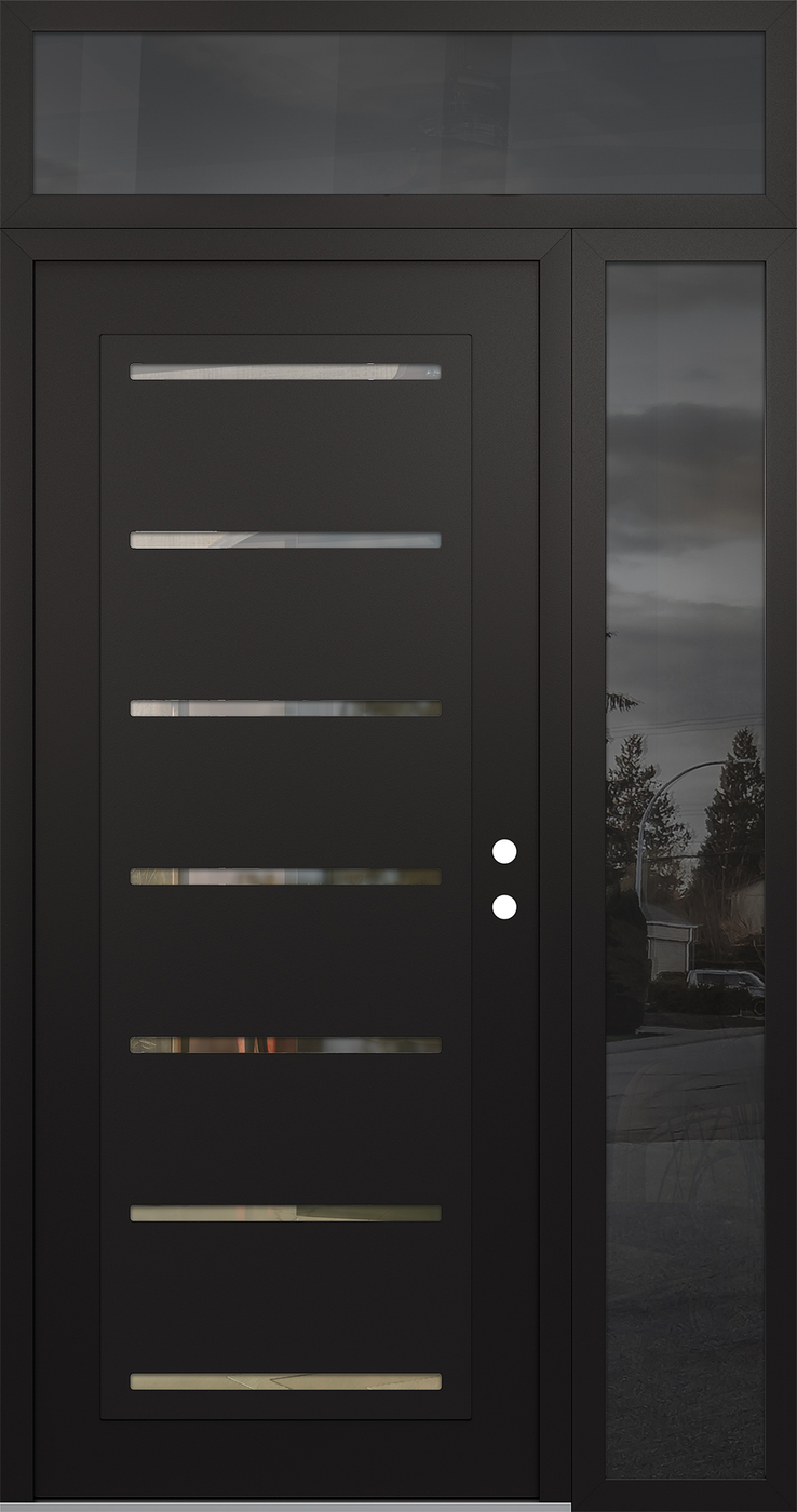 Modern Steel Front Door Diamond C11 52" x 96" black/black clear Glass Panel black LHI with Sidelite and Transom mirrored Glass
