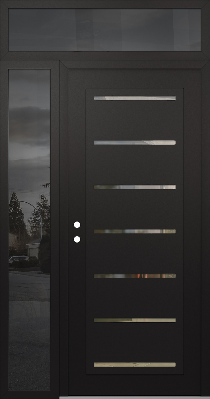 Modern Steel Front Door Diamond C11 52" x 96" black/black clear Glass Panel black RHI with Sidelite and Transom mirrored Glass