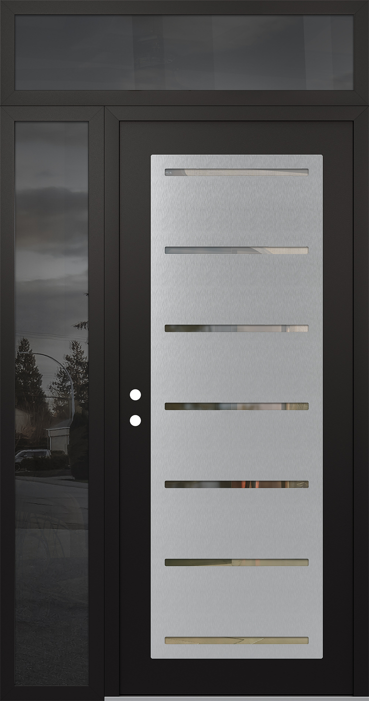 Modern Steel Front Door Diamond C11 52" x 96" black/black clear Glass Panel stainless steel RHI with Sidelite and Transom mirrored Glass