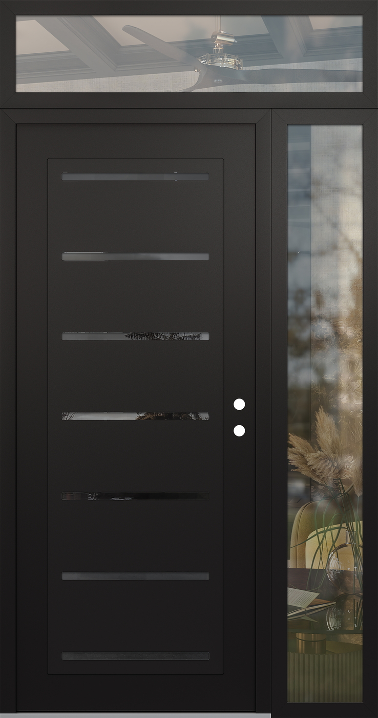 Modern Steel Front Door Diamond C11 52" x 96" black/black mirrored Glass Panel black LHI with Sidelite and Transom clear Glass