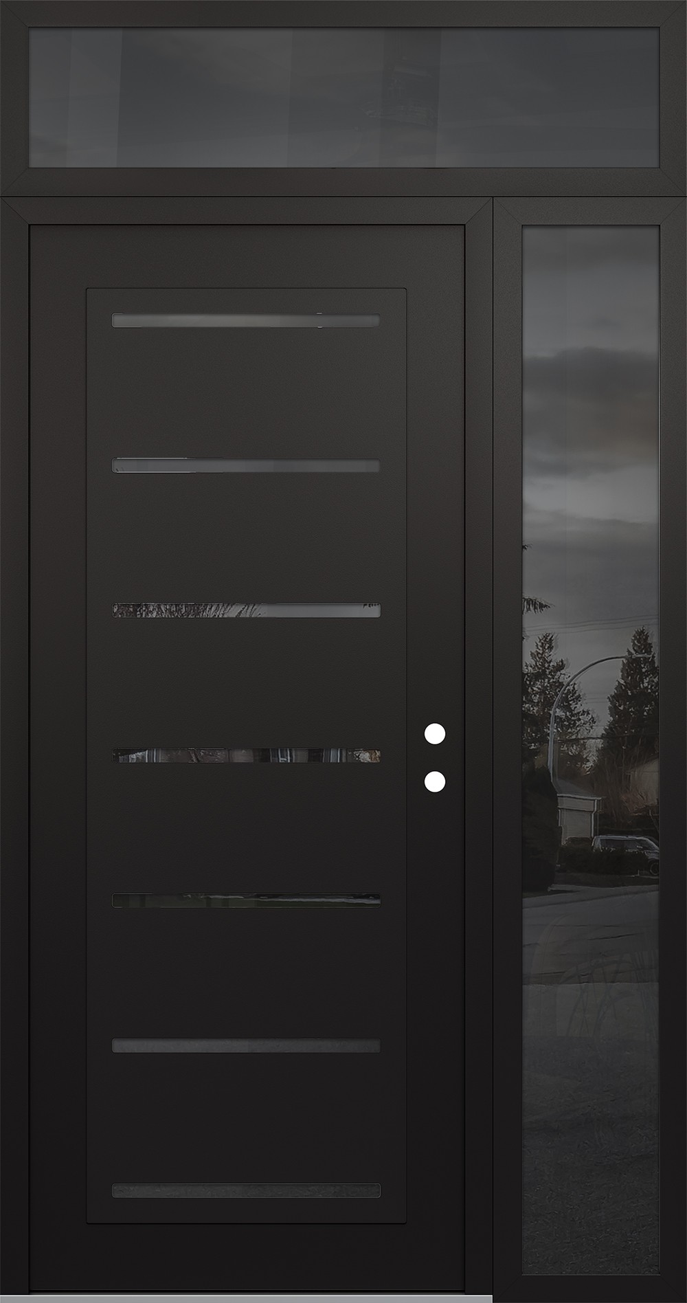 Modern Steel Front Door Diamond C11 52" x 96" black/black mirrored Glass Panel black LHI with Sidelite and Transom mirrored Glass