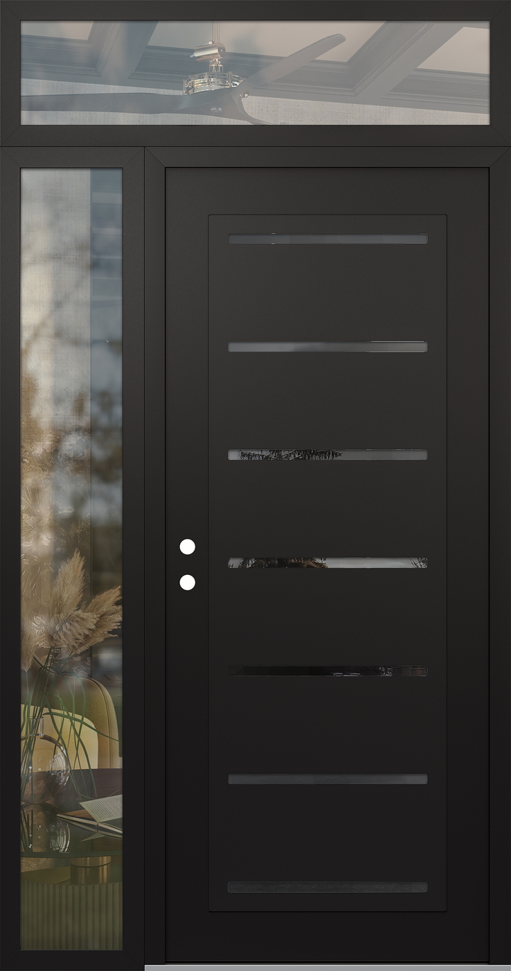 Modern Steel Front Door Diamond C11 52" x 96" black/black mirrored Glass Panel black RHI with Sidelite and Transom clear Glass