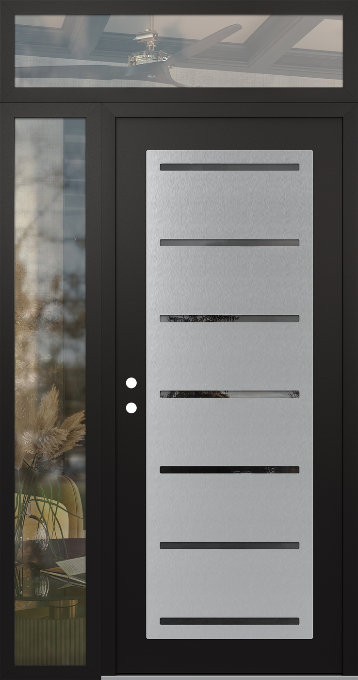 Modern Steel Front Door Diamond C11 52" x 96" black/black mirrored Glass Panel stainless steel RHI with Sidelite and Transom clear Glass