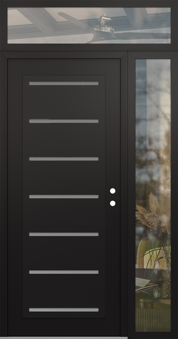 Modern Steel Front Door Diamond C11 52" x 96" black/white frosted Glass Panel black LHI with Sidelite and Transom clear Glass