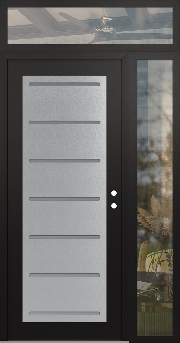 Modern Steel Front Door Diamond C11 52" x 96" black/white frosted Glass Panel stainless steel LHI with Sidelite and Transom clear Glass