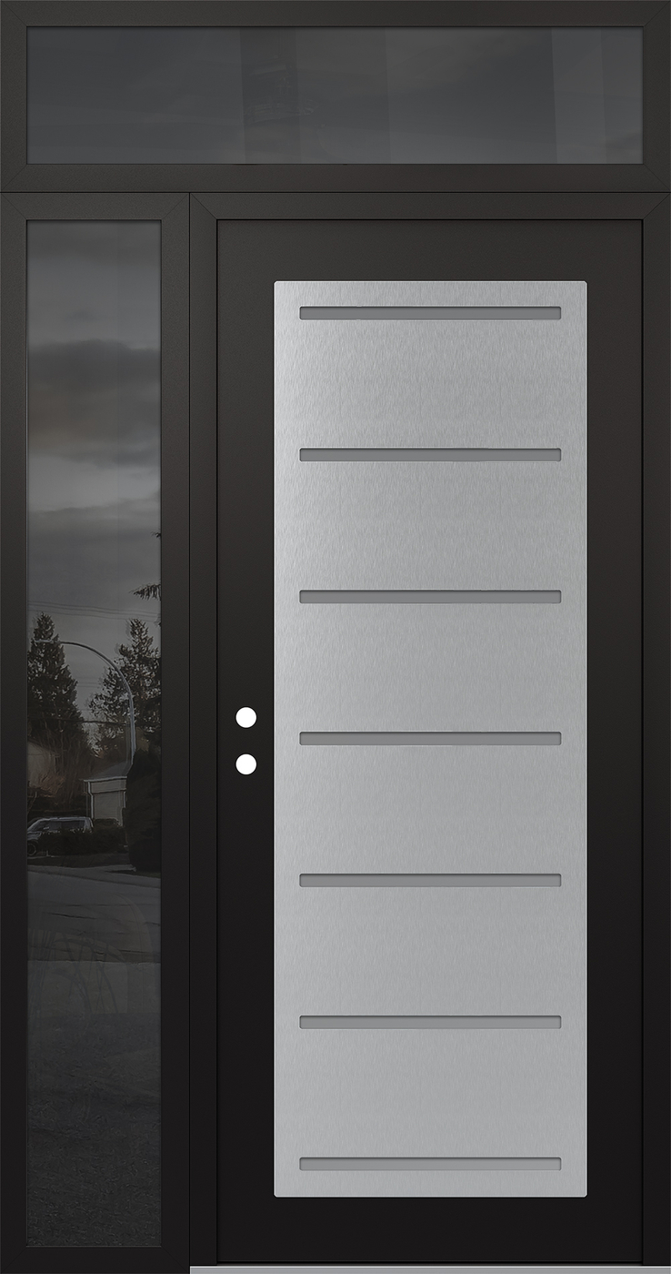 Modern Steel Front Door Diamond C11 52" x 96" black/white frosted Glass Panel stainless steel RHI with Sidelite and Transom mirrored Glass