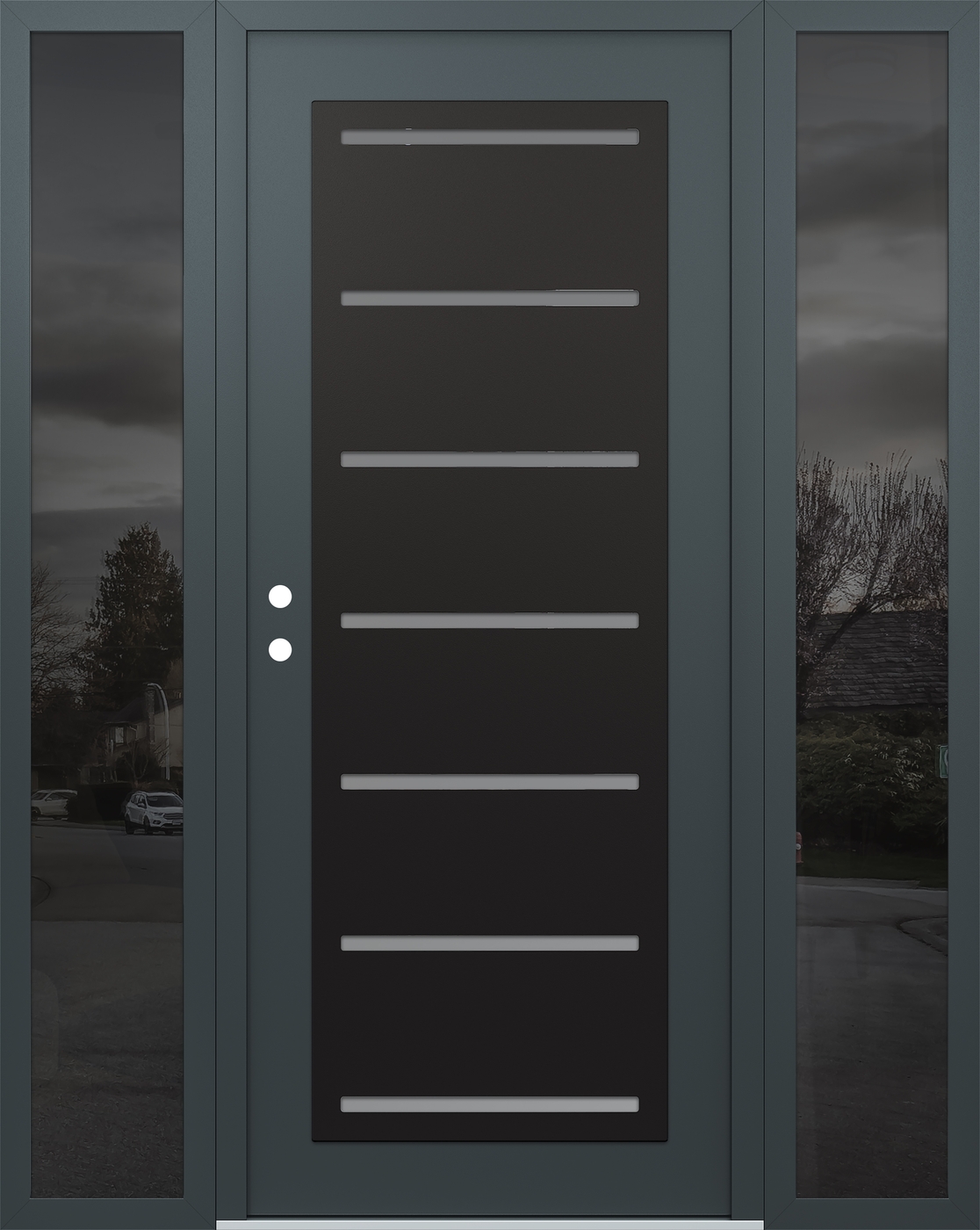 Modern Steel Front Door Diamond C11 60" x 80" anthracite/anthracite frosted Glass Panel black RHI with 2 Sidelites mirrored Glass