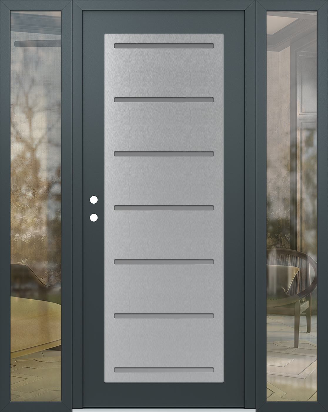 Modern Steel Front Door Diamond C11 60" x 80" anthracite/anthracite frosted Glass Panel stainless steel RHI with 2 Sidelites clear Glass
