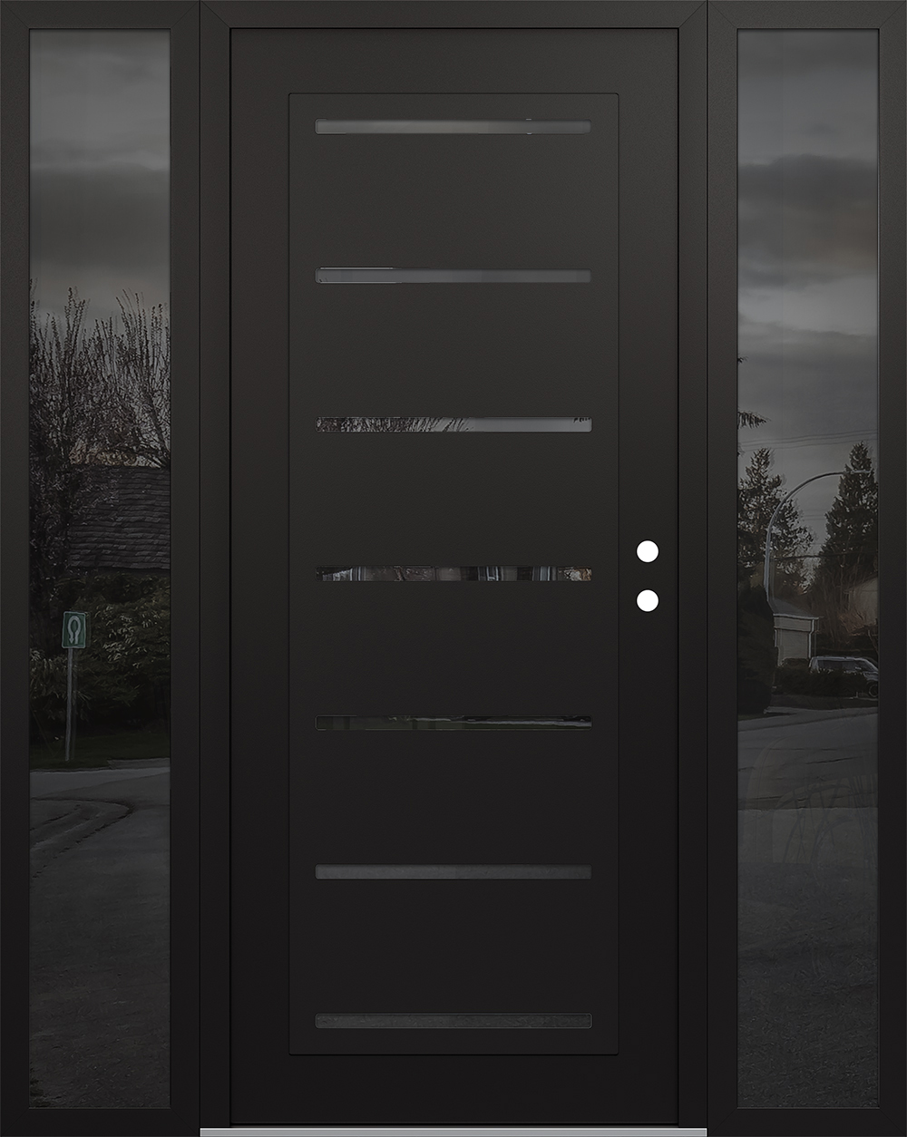 Modern Steel Front Door Diamond C11 60" x 80" black/black mirrored Glass Panel black LHI with 2 Sidelites mirrored Glass