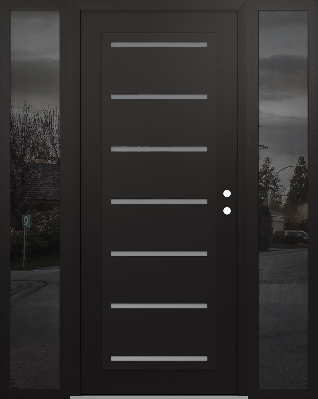 Modern Steel Front Door Diamond C11 60" x 80" black/white frosted Glass Panel black LHI with 2 Sidelites mirrored Glass