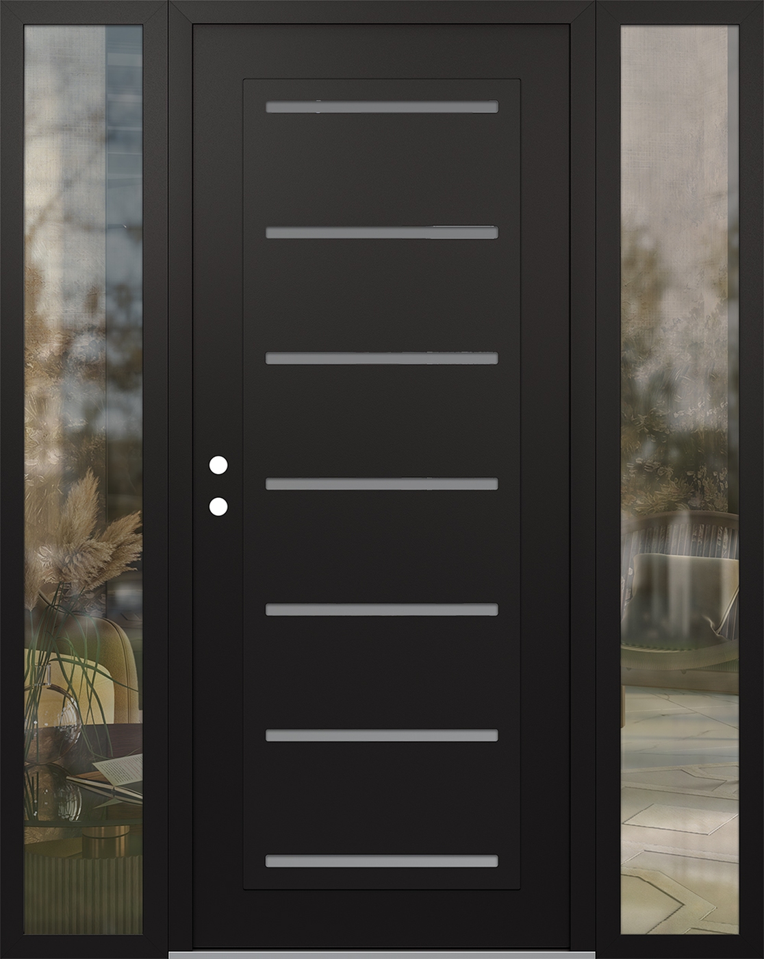 Modern Steel Front Door Diamond C11 60" x 80" black/white frosted Glass Panel black RHI with 2 Sidelites clear Glass