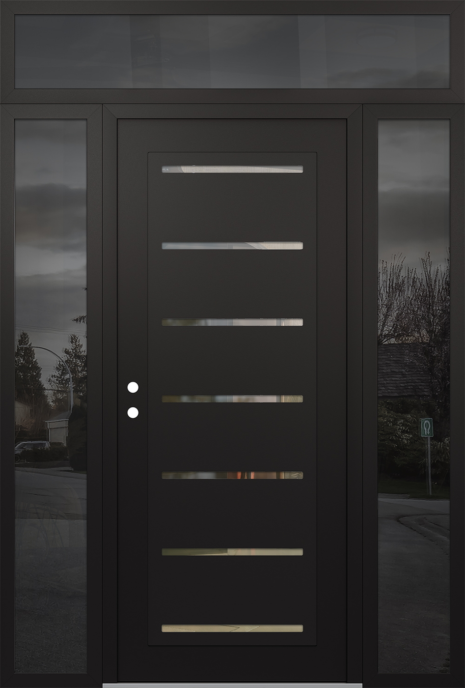 Modern Steel Front Door Diamond C11 60" x 96" black/black clear Glass Panel black RHI with 2 Sidelites and Transom mirrored Glass