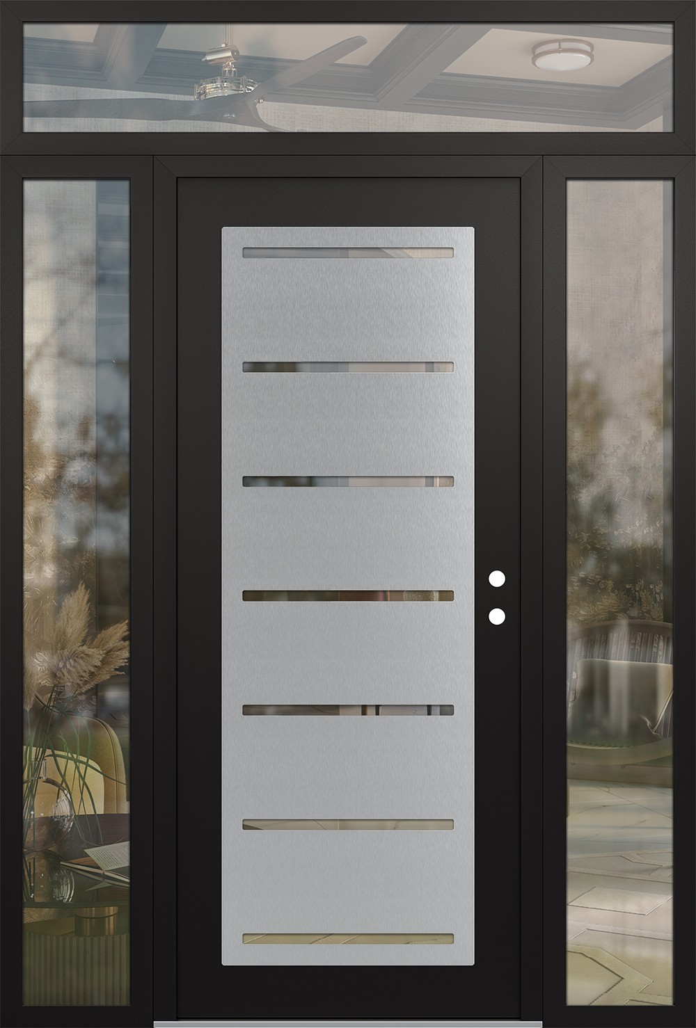 Modern Steel Front Door Diamond C11 60" x 96" black/black clear Glass Panel stainless steel LHI with 2 Sidelites and Transom clear Glass