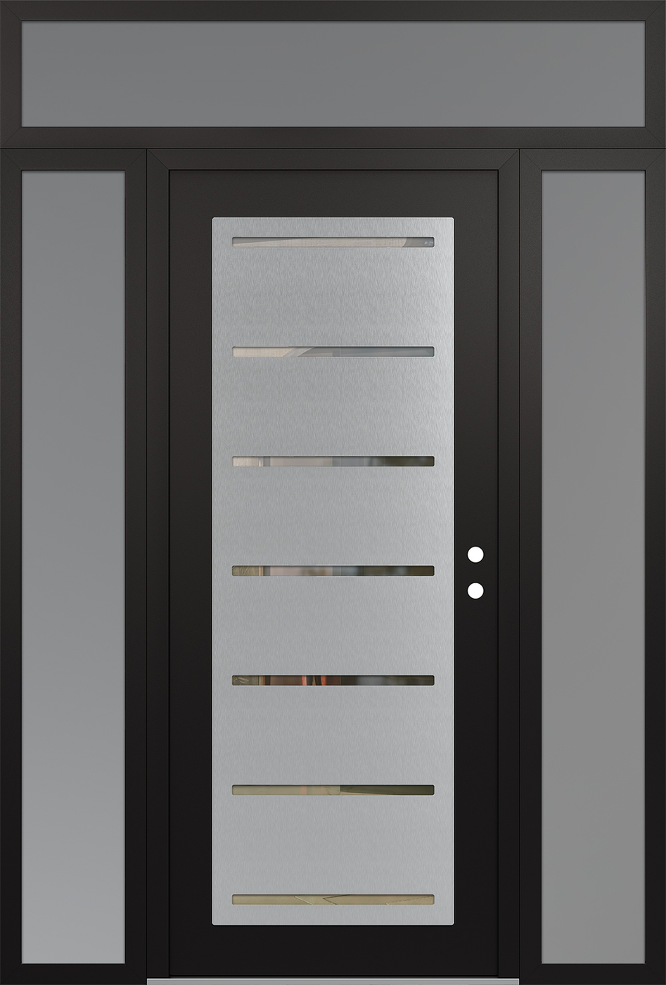 Modern Steel Front Door Diamond C11 60" x 96" black/black clear Glass Panel stainless steel LHI with 2 Sidelites and Transom frosted Glass