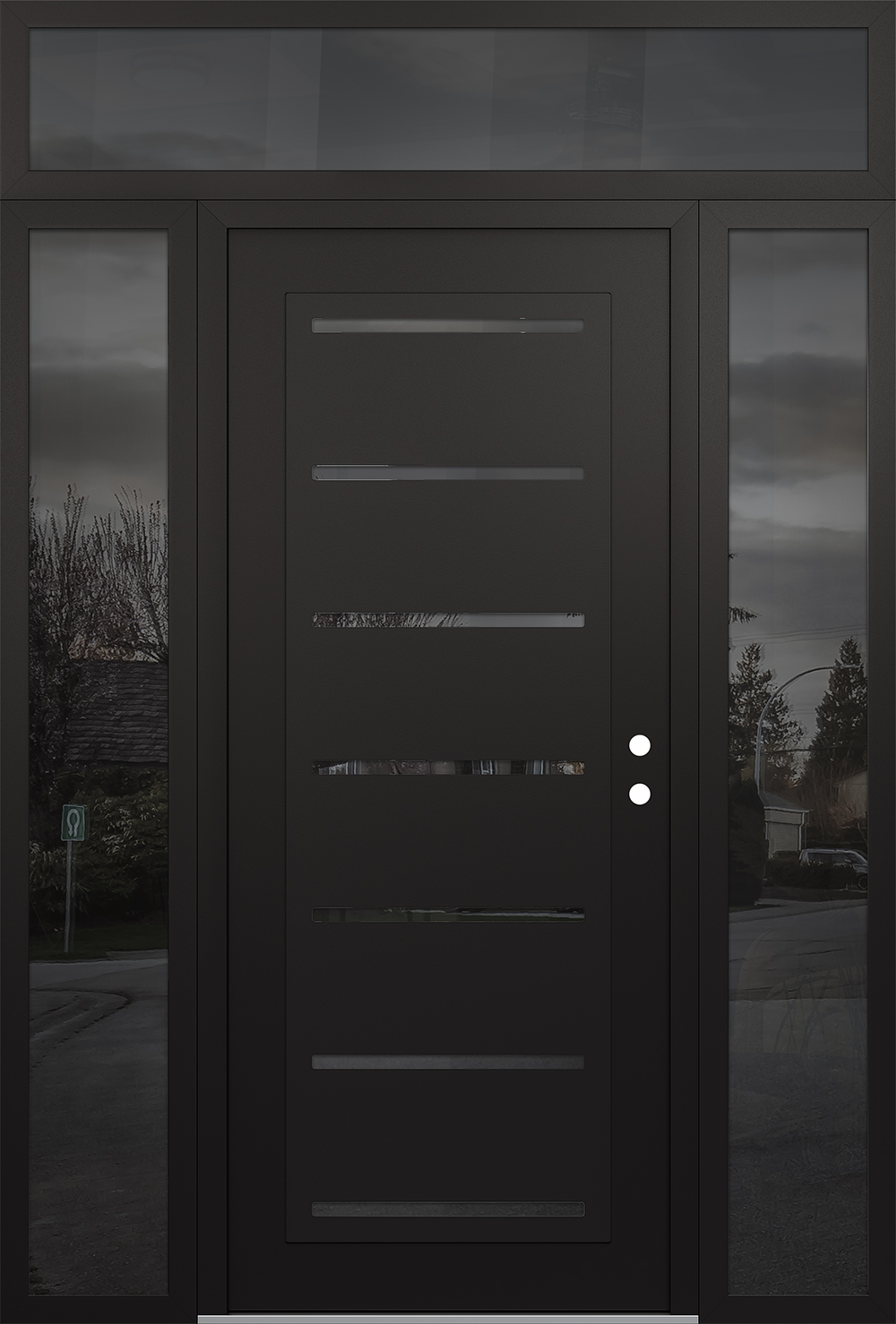Modern Steel Front Door Diamond C11 60" x 96" black/black mirrored Glass Panel black LHI with 2 Sidelites and Transom mirrored Glass