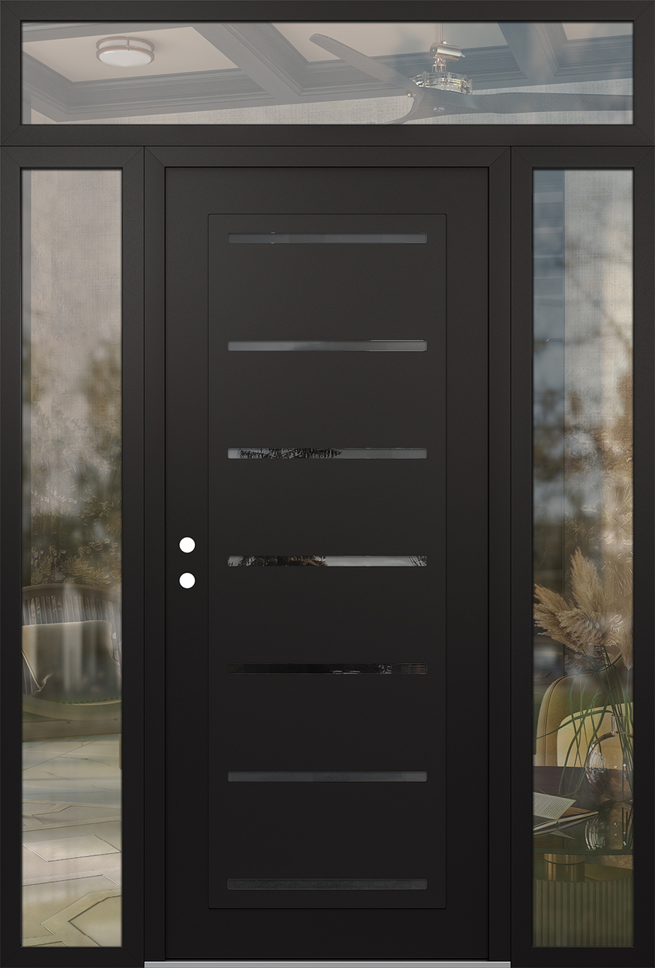 Modern Steel Front Door Diamond C11 60" x 96" black/black mirrored Glass Panel black RHI with 2 Sidelites and Transom clear Glass