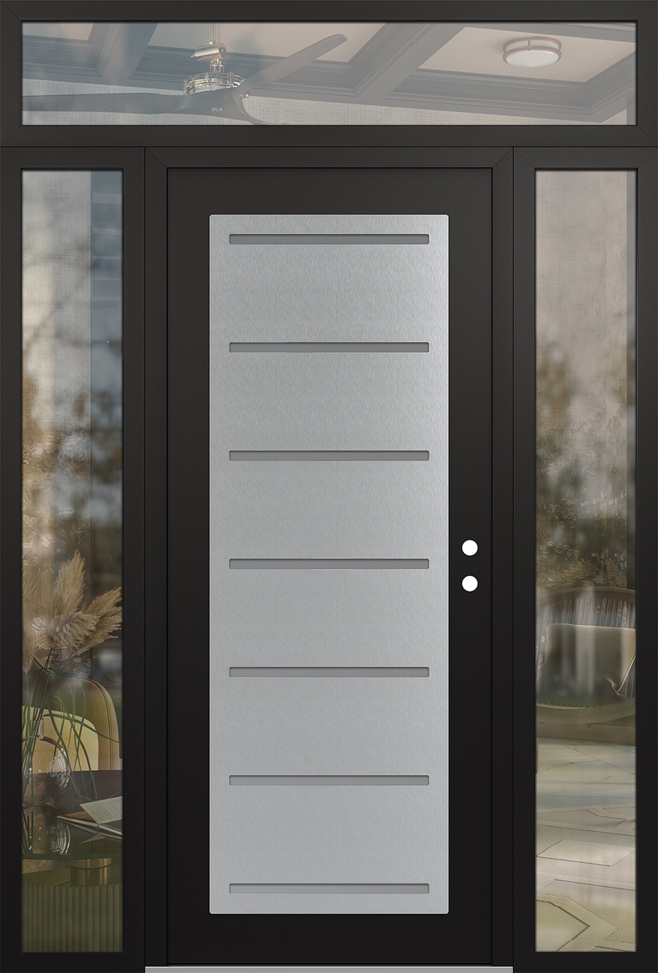 Modern Steel Front Door Diamond C11 60" x 96" black/white frosted Glass Panel stainless steel LHI with 2 Sidelites and Transom clear Glass