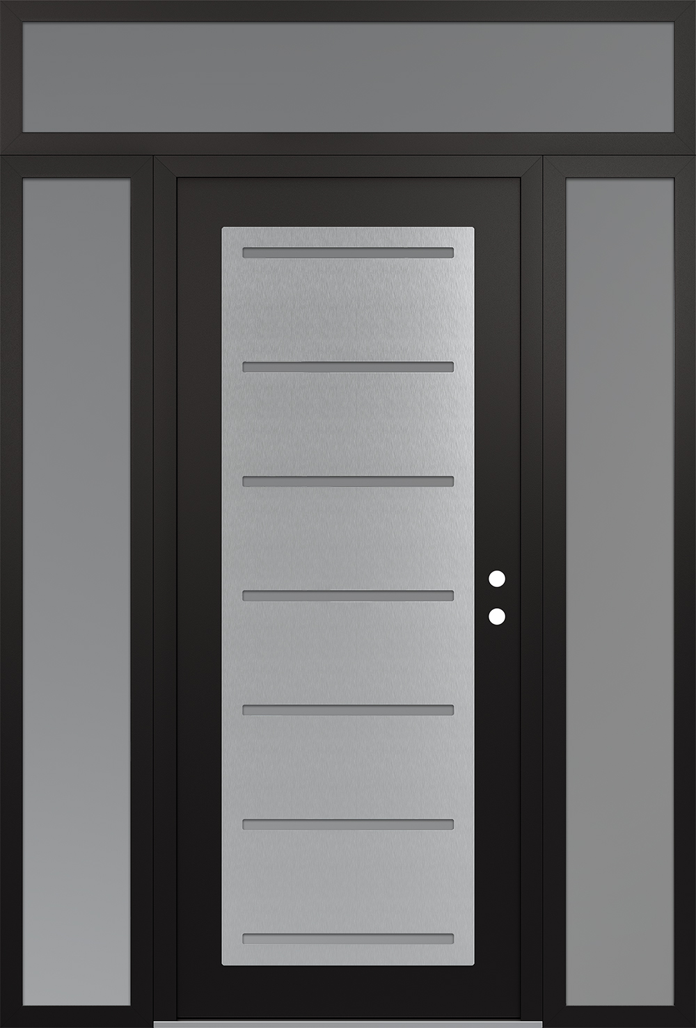 Modern Steel Front Door Diamond C11 60" x 96" black/white frosted Glass Panel stainless steel LHI with 2 Sidelites and Transom frosted Glass