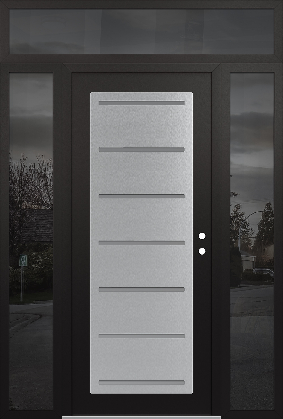 Modern Steel Front Door Diamond C11 60" x 96" black/white frosted Glass Panel stainless steel LHI with 2 Sidelites and Transom mirrored Glass