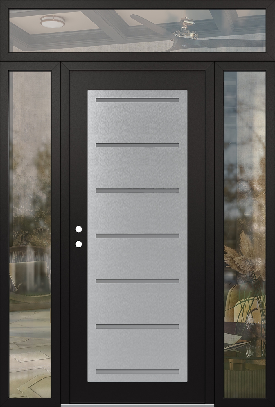 Modern Steel Front Door Diamond C11 60" x 96" black/white frosted Glass Panel stainless steel RHI with 2 Sidelites and Transom clear Glass