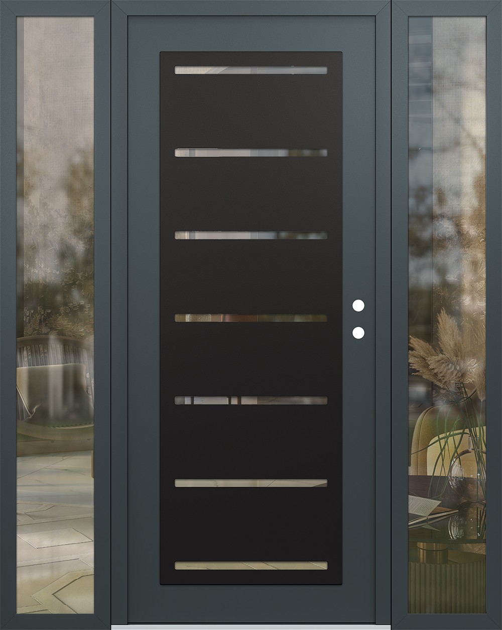 Modern Steel Front Door Diamond C11 64" x 80" anthracite/anthracite clear Glass Panel black LHI with 2 Sidelites clear Glass