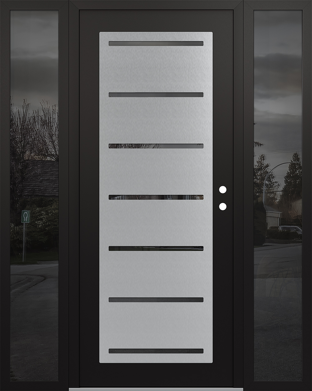 Modern Steel Front Door Diamond C11 64" x 80" black/black mirrored Glass Panel stainless steel LHI with 2 Sidelites mirrored Glass