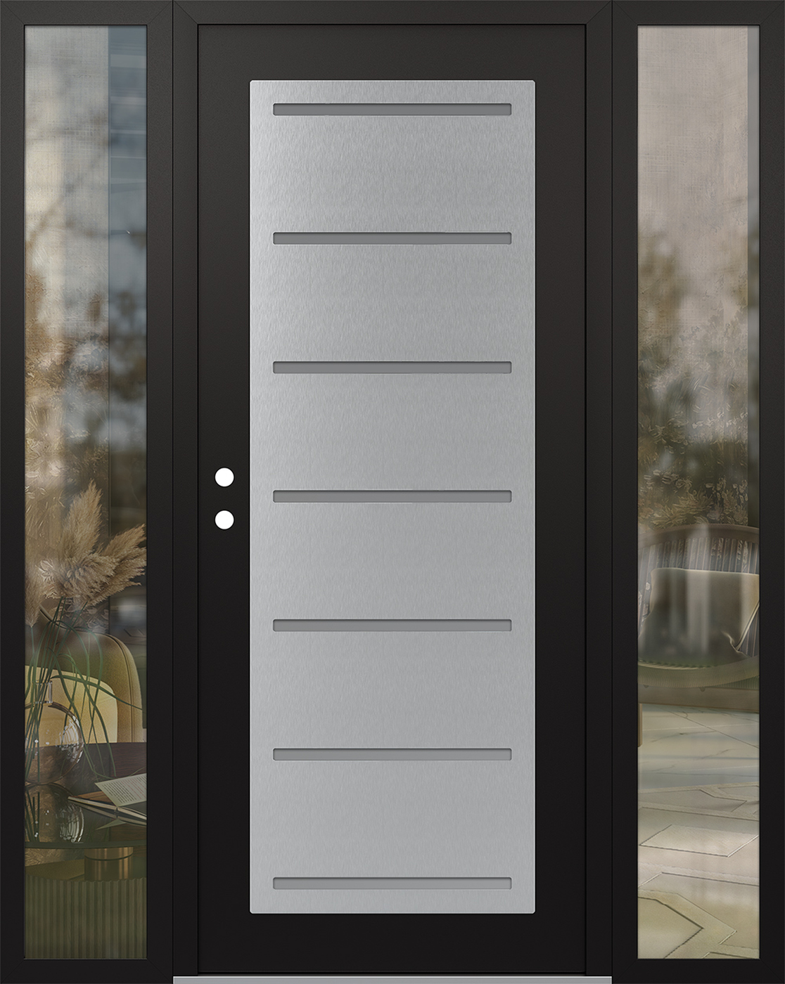 Modern Steel Front Door Diamond C11 64" x 80" black/white frosted Glass Panel stainless steel RHI with 2 Sidelites clear Glass