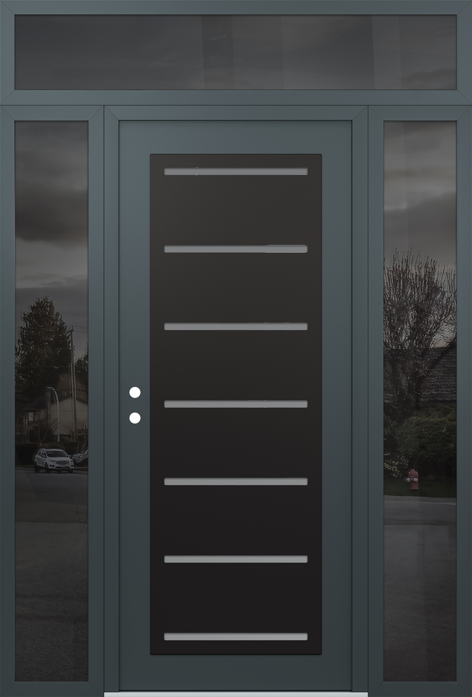 Modern Steel Front Door Diamond C11 64" x 96" anthracite/anthracite frosted Glass Panel black RHI with 2 Sidelites and Transom mirrored Glass