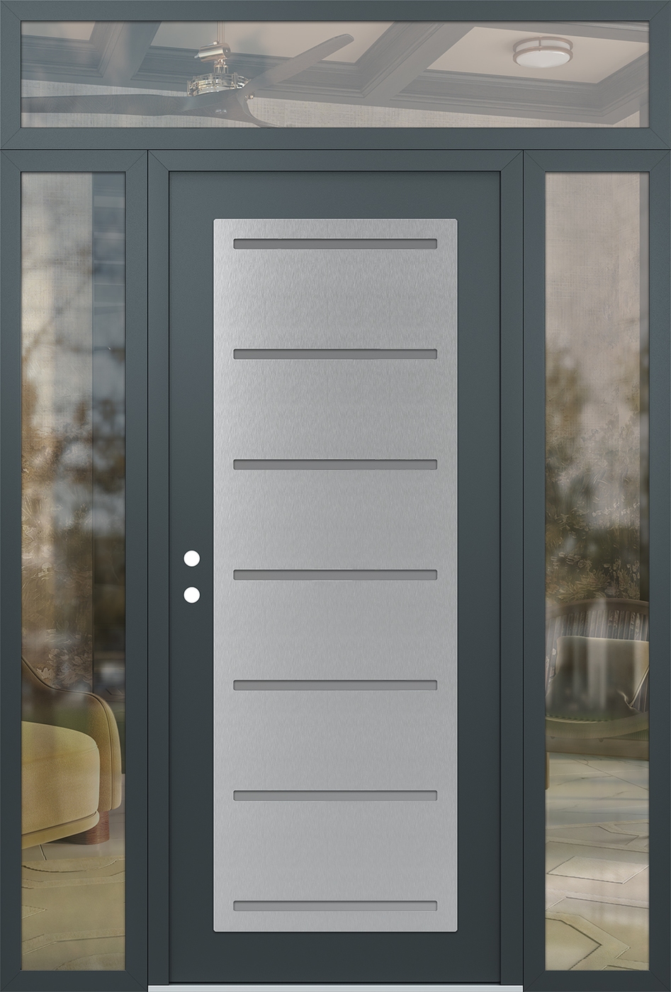 Modern Steel Front Door Diamond C11 64" x 96" anthracite/anthracite frosted Glass Panel stainless steel RHI with 2 Sidelites and Transom clear Glass