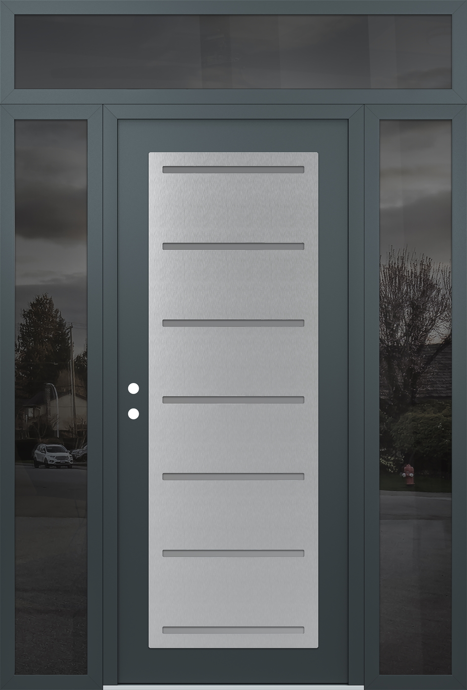 Modern Steel Front Door Diamond C11 64" x 96" anthracite/anthracite frosted Glass Panel stainless steel RHI with 2 Sidelites and Transom mirrored Glass