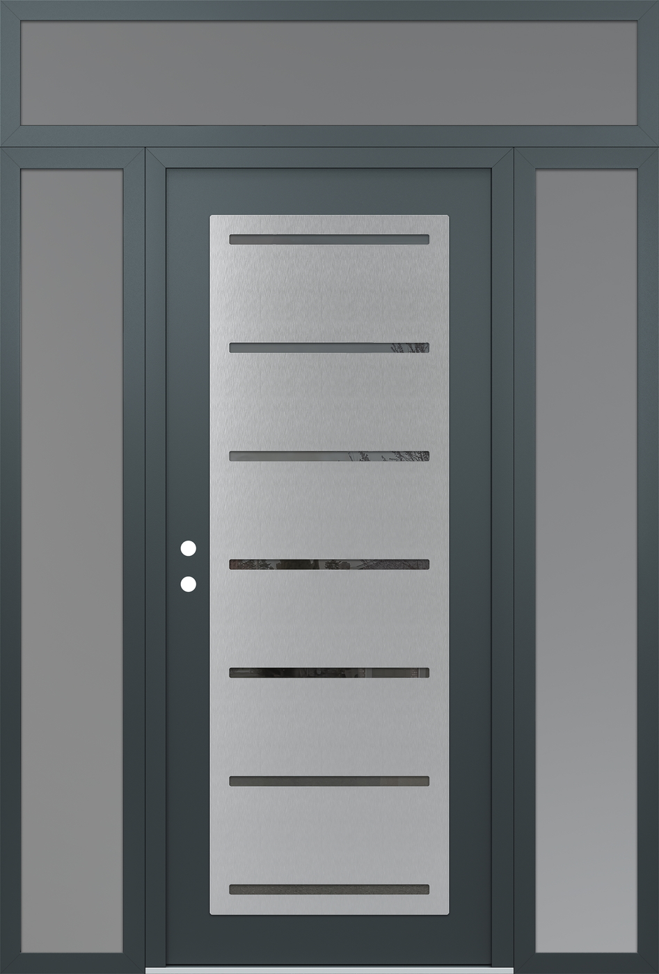 Modern Steel Front Door Diamond C11 64" x 96" anthracite/anthracite mirrored Glass Panel stainless steel RHI with 2 Sidelites and Transom frosted Glass