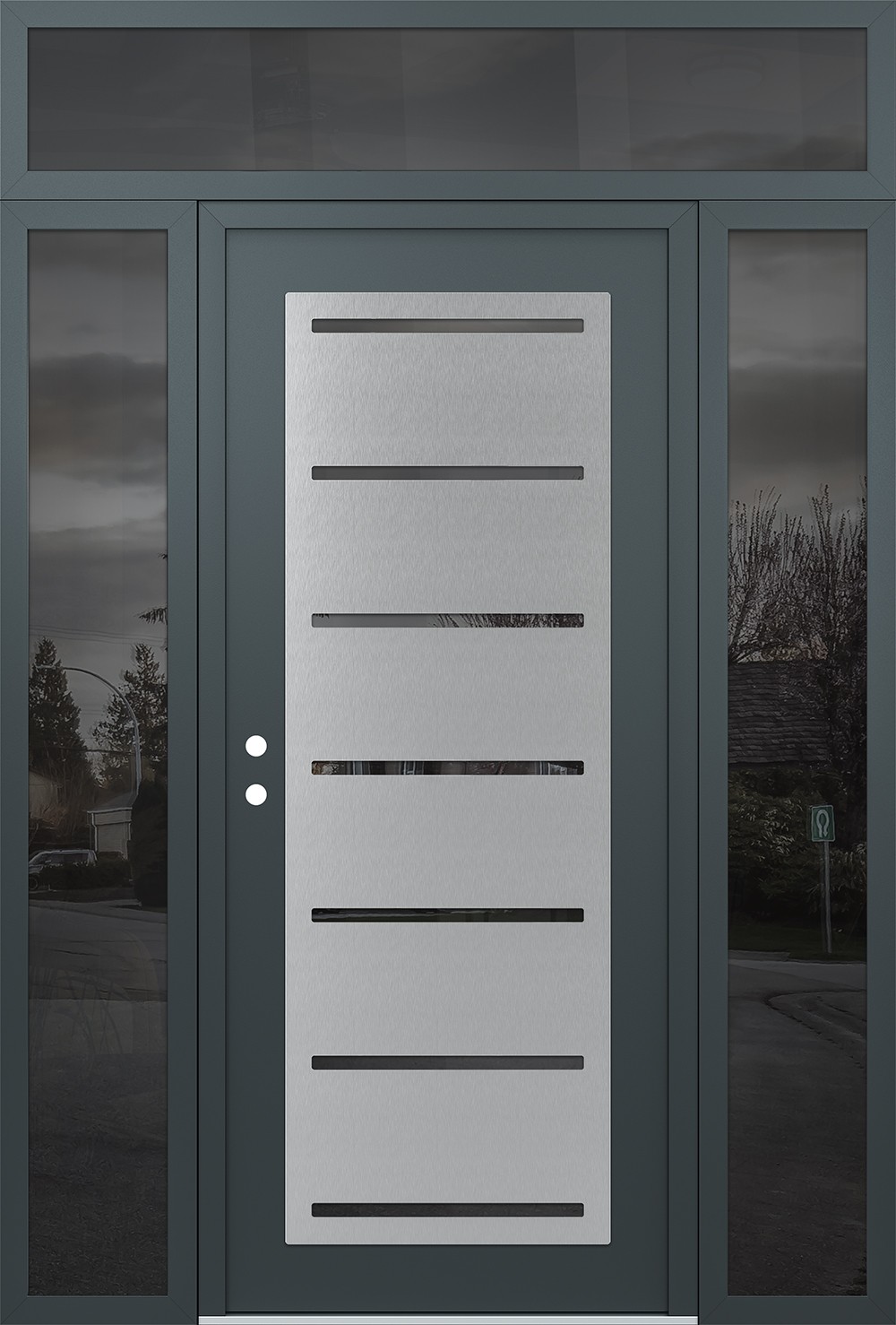 Modern Steel Front Door Diamond C11 64" x 96" anthracite/anthracite mirrored Glass Panel stainless steel RHI with 2 Sidelites and Transom mirrored Glass