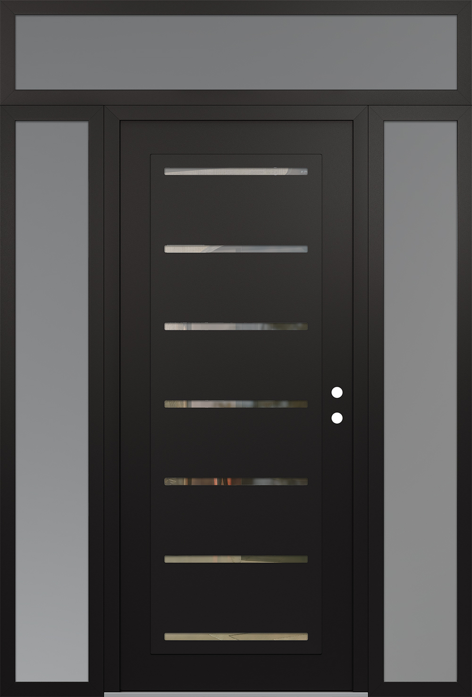 Modern Steel Front Door Diamond C11 64" x 96" black/black clear Glass Panel black LHI with 2 Sidelites and Transom frosted Glass