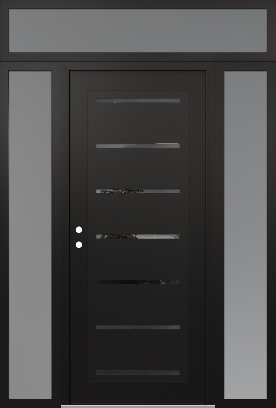 Modern Steel Front Door Diamond C11 64" x 96" black/black mirrored Glass Panel black RHI with 2 Sidelites and Transom frosted Glass