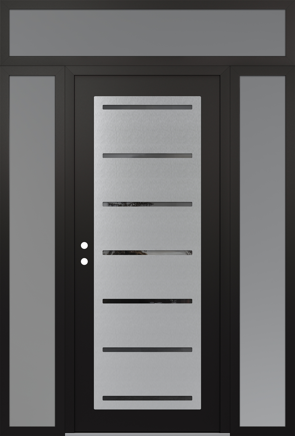 Modern Steel Front Door Diamond C11 64" x 96" black/black mirrored Glass Panel stainless steel RHI with 2 Sidelites and Transom frosted Glass