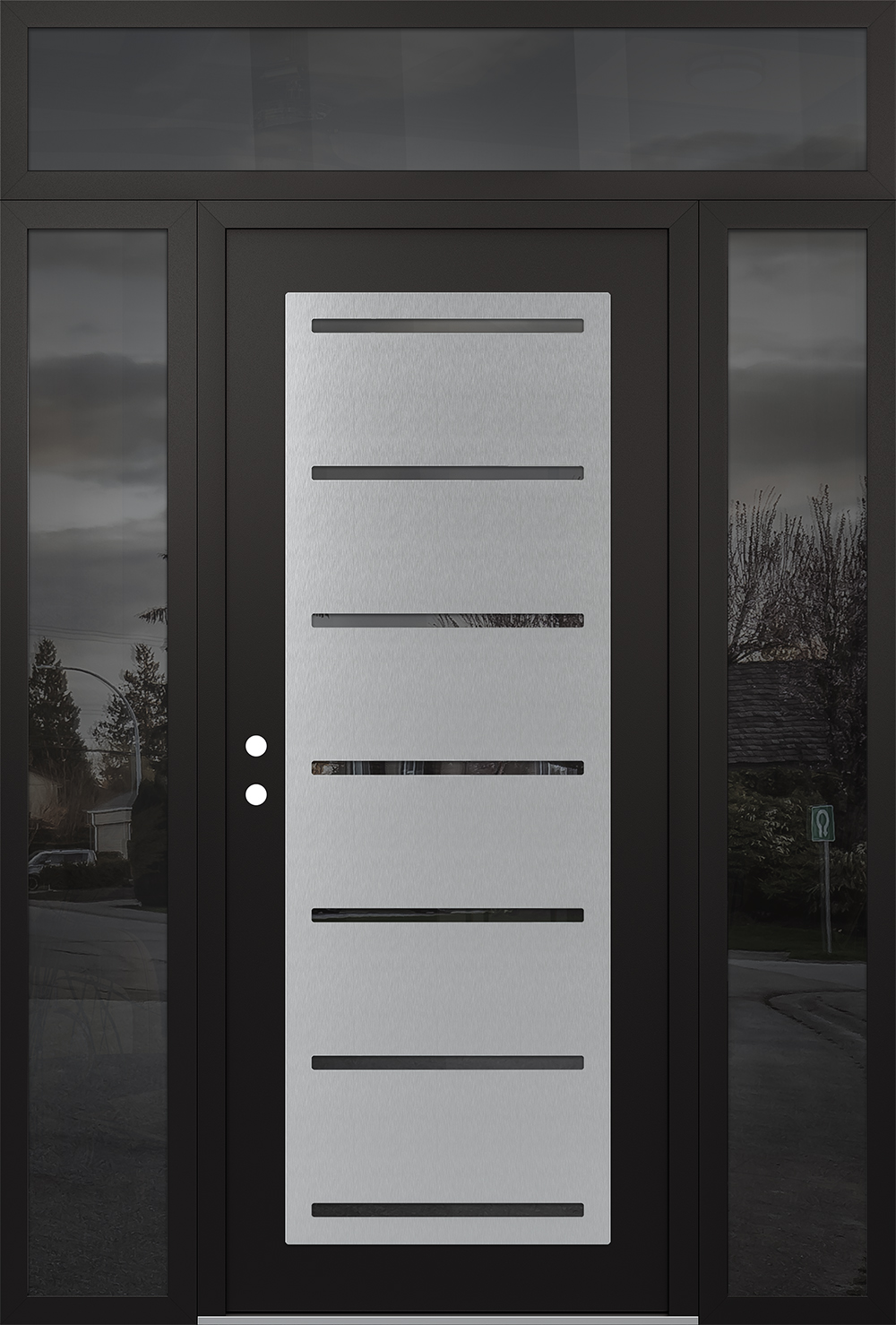Modern Steel Front Door Diamond C11 64" x 96" black/black mirrored Glass Panel stainless steel RHI with 2 Sidelites and Transom mirrored Glass