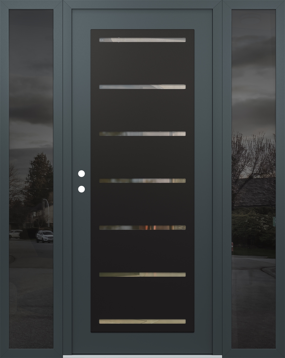 Modern Steel Front Door Diamond C11 68" x 80" anthracite/anthracite clear Glass Panel black RHI with 2 Sidelites mirrored Glass