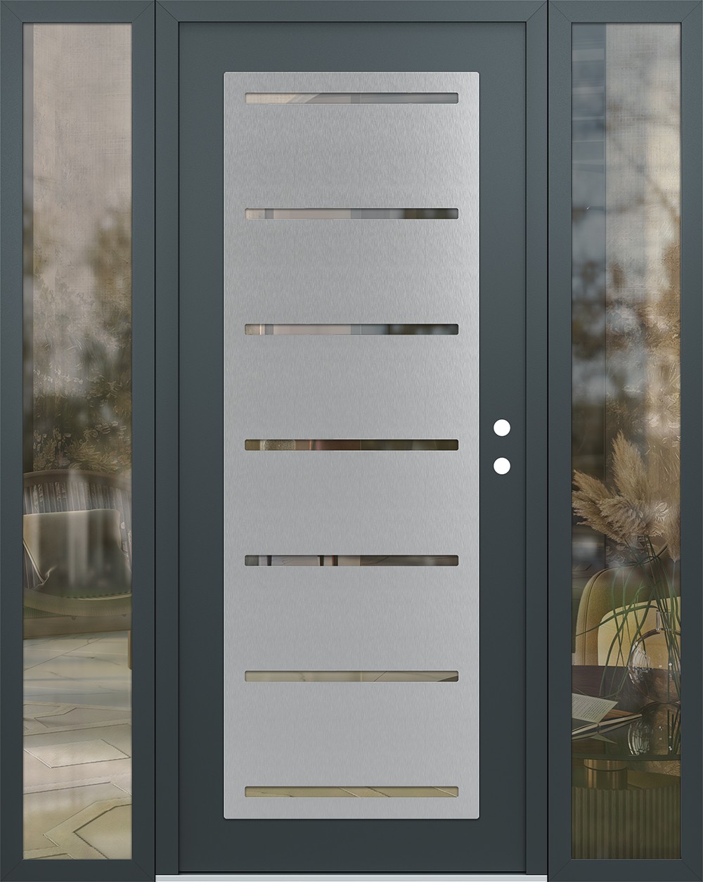 Modern Steel Front Door Diamond C11 68" x 80" anthracite/anthracite clear Glass Panel stainless steel LHI with 2 Sidelites clear Glass