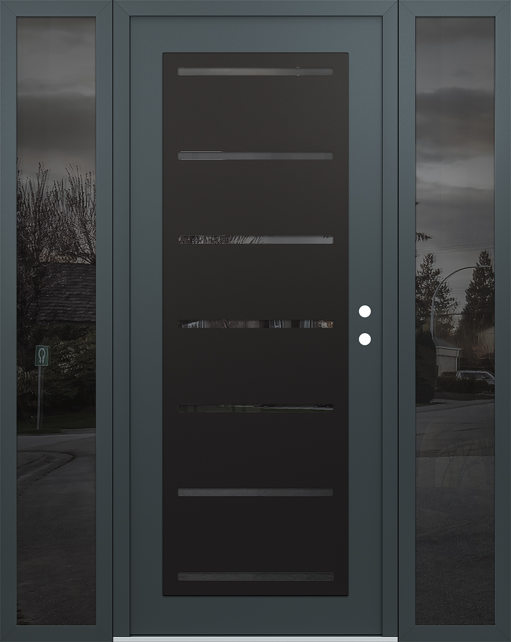 Modern Steel Front Door Diamond C11 68" x 80" anthracite/anthracite mirrored Glass Panel black LHI with 2 Sidelites mirrored Glass