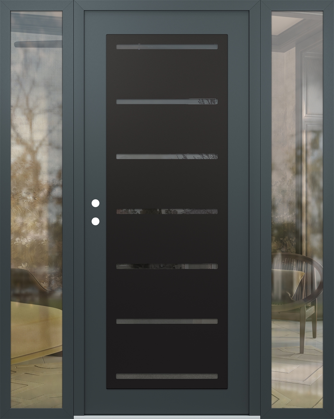 Modern Steel Front Door Diamond C11 68" x 80" anthracite/anthracite mirrored Glass Panel black RHI with 2 Sidelites clear Glass