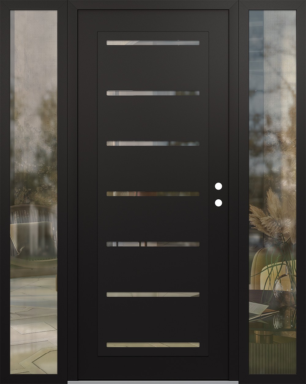 Modern Steel Front Door Diamond C11 68" x 80" black/black clear Glass Panel black LHI with 2 Sidelites clear Glass