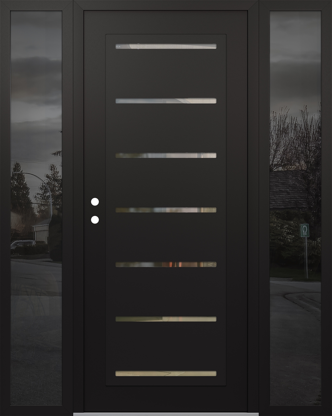 Modern Steel Front Door Diamond C11 68" x 80" black/black clear Glass Panel black RHI with 2 Sidelites mirrored Glass