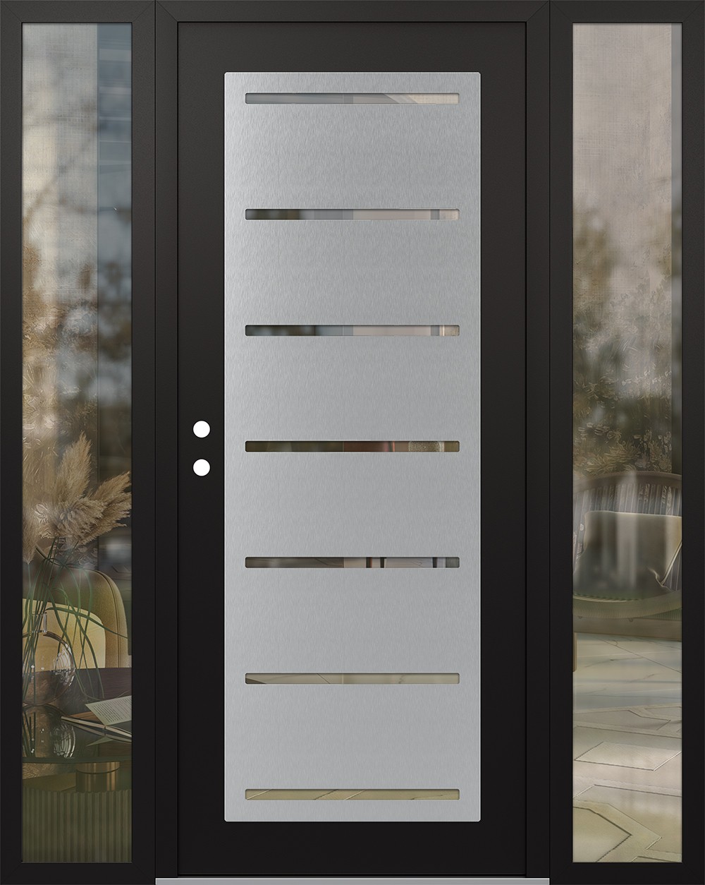 Modern Steel Front Door Diamond C11 68" x 80" black/black clear Glass Panel stainless steel RHI with 2 Sidelites clear Glass