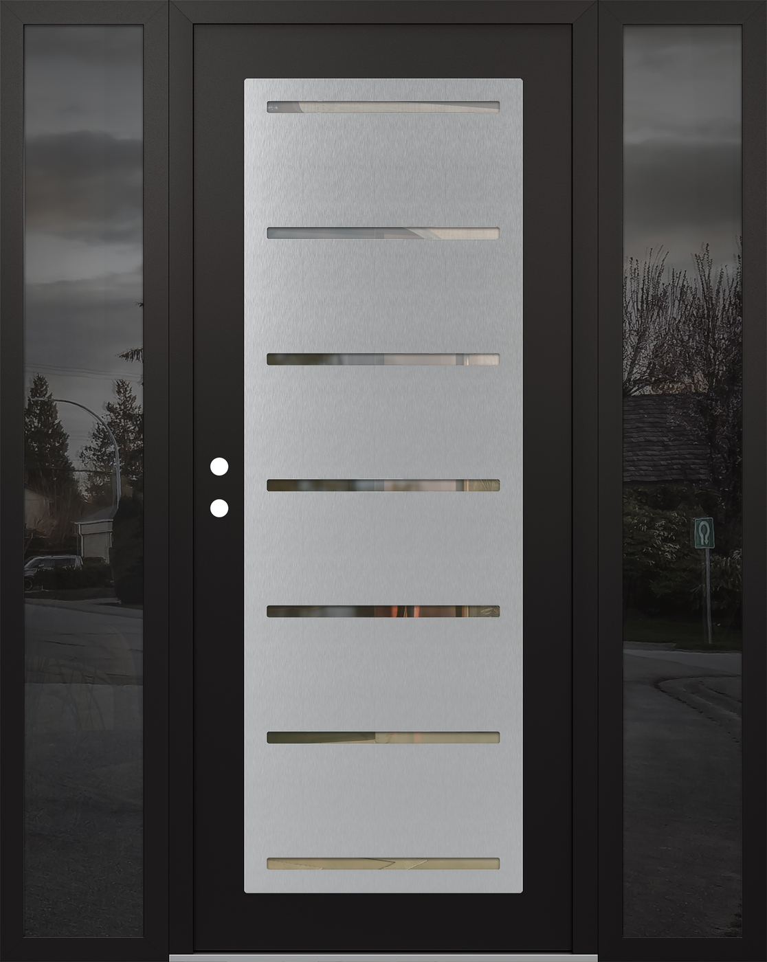 Modern Steel Front Door Diamond C11 68" x 80" black/black clear Glass Panel stainless steel RHI with 2 Sidelites mirrored Glass