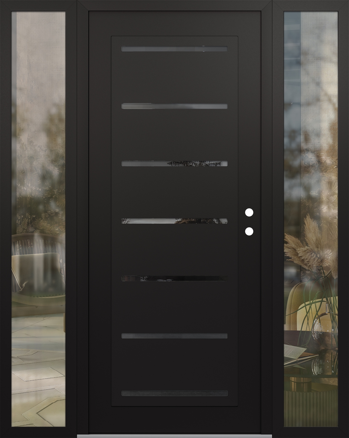 Modern Steel Front Door Diamond C11 68" x 80" black/black mirrored Glass Panel black LHI with 2 Sidelites clear Glass