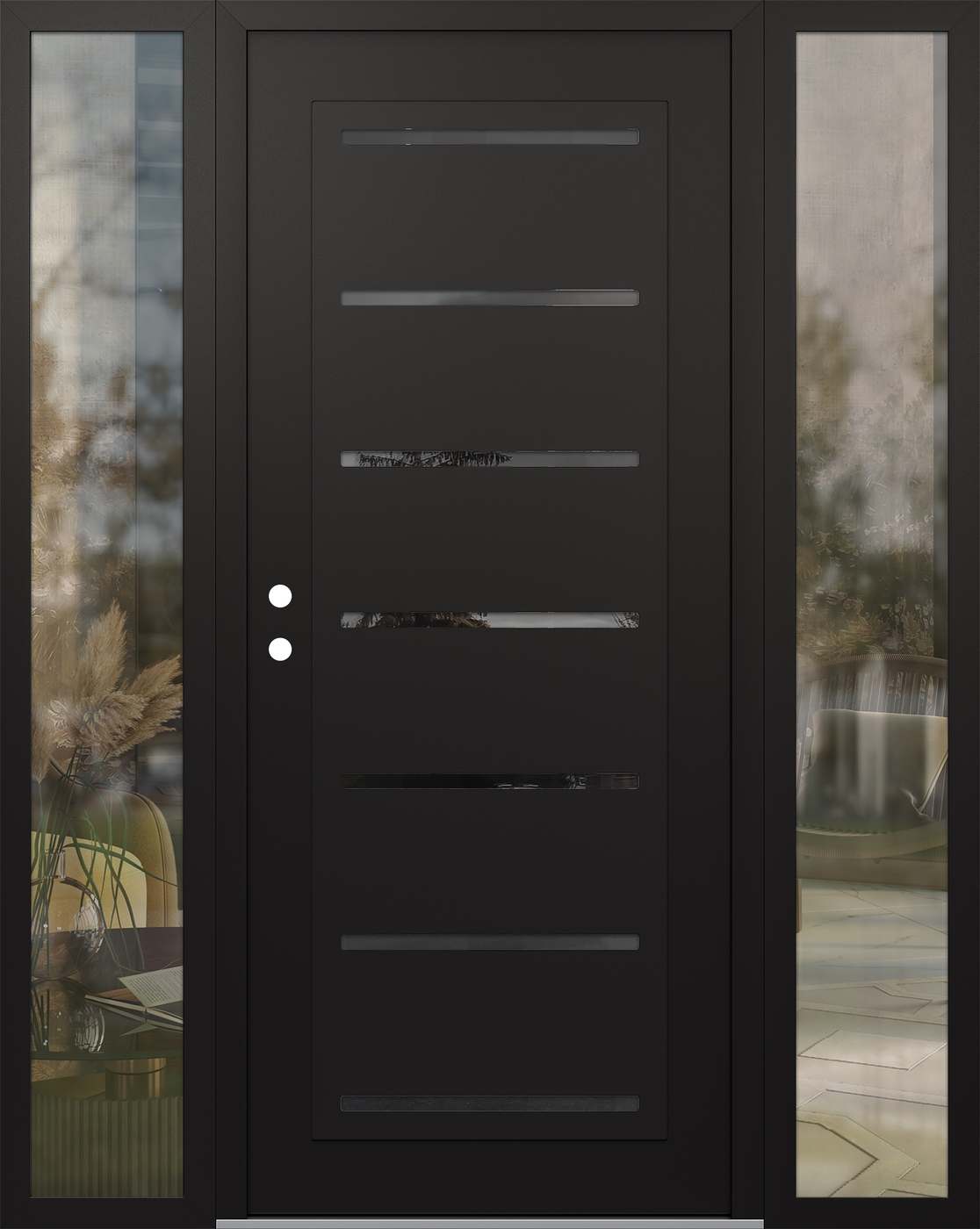 Modern Steel Front Door Diamond C11 68" x 80" black/black mirrored Glass Panel black RHI with 2 Sidelites clear Glass