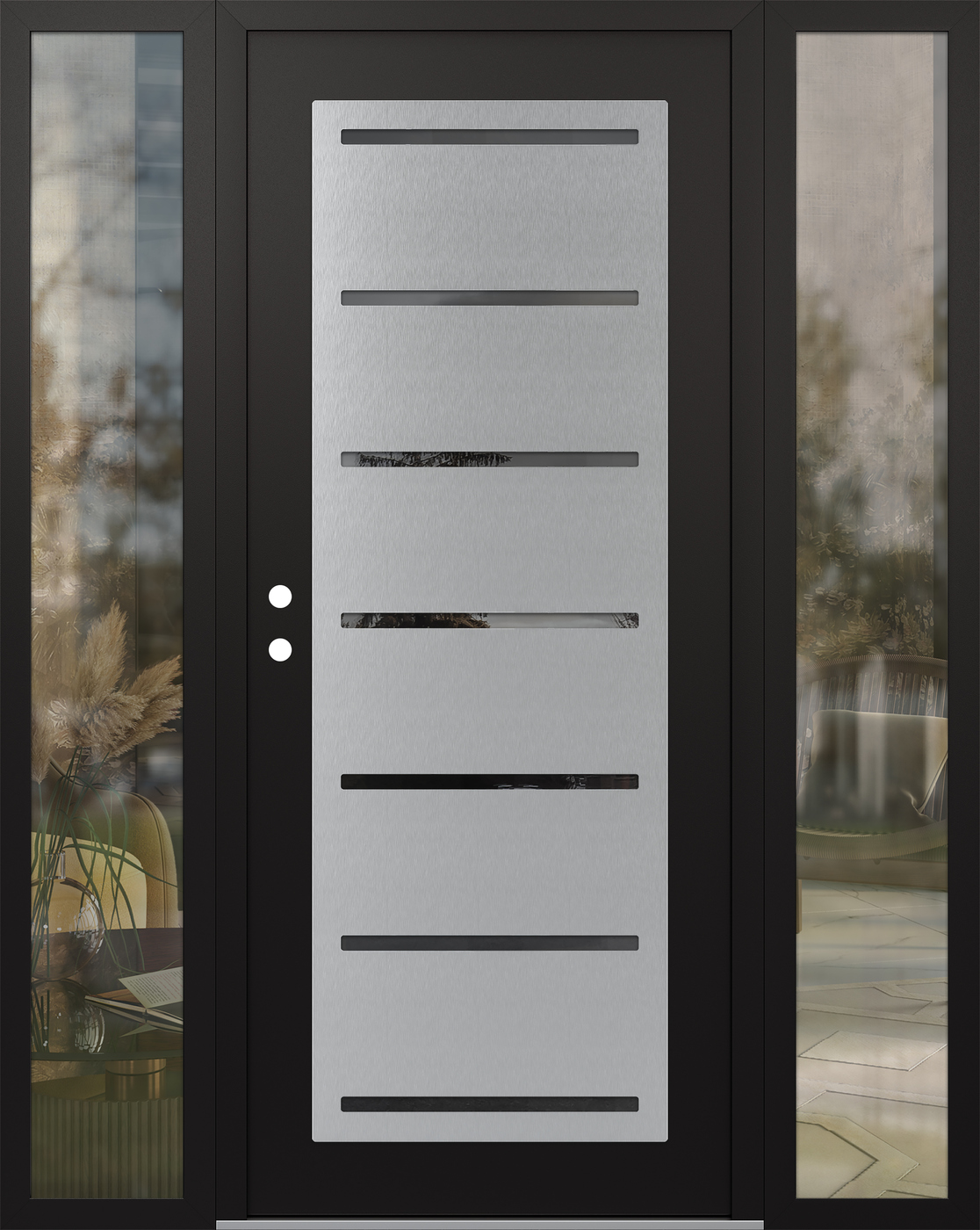 Modern Steel Front Door Diamond C11 68" x 80" black/black mirrored Glass Panel stainless steel RHI with 2 Sidelites clear Glass