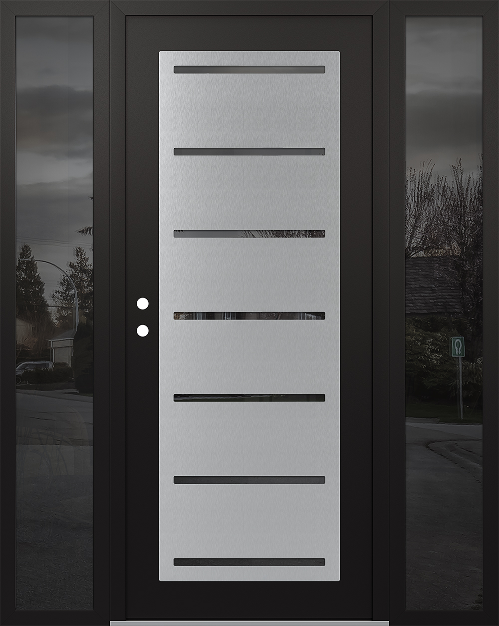 Modern Steel Front Door Diamond C11 68" x 80" black/black mirrored Glass Panel stainless steel RHI with 2 Sidelites mirrored Glass