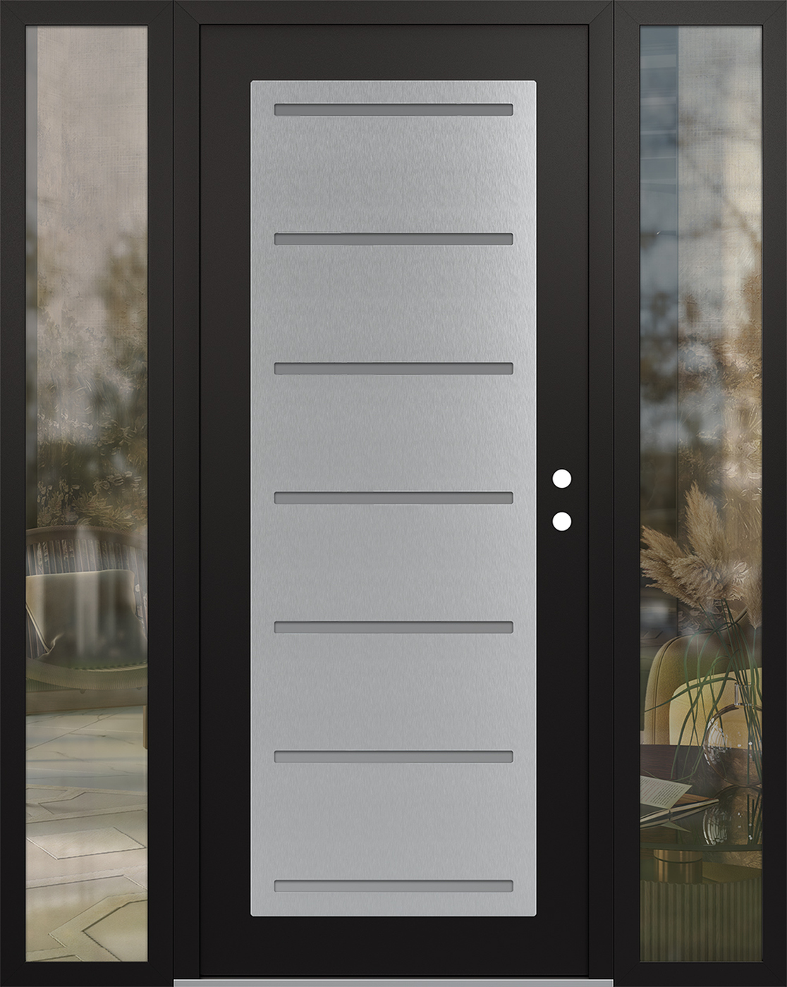 Modern Steel Front Door Diamond C11 68" x 80" black/white frosted Glass Panel stainless steel LHI with 2 Sidelites clear Glass