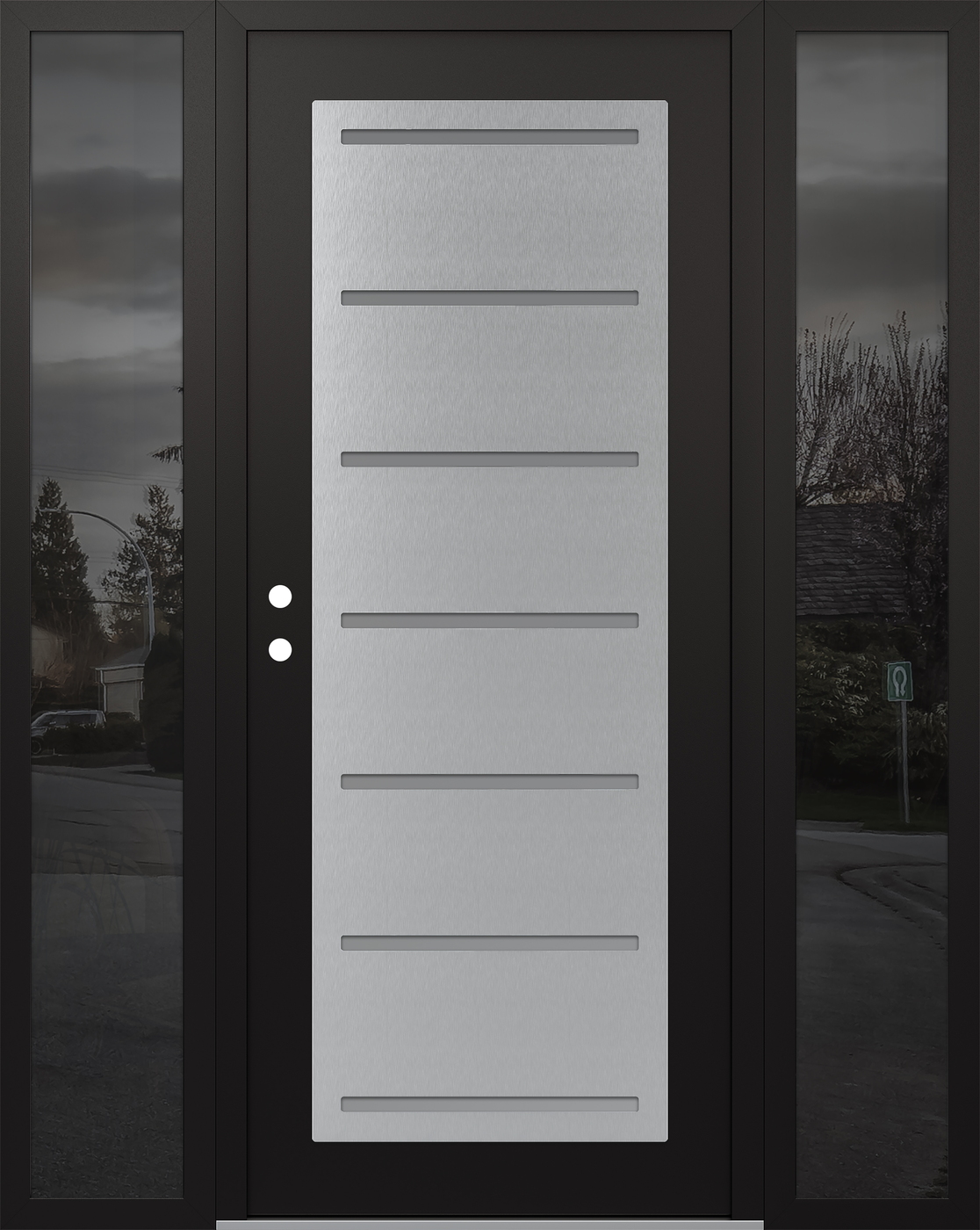 Modern Steel Front Door Diamond C11 68" x 80" black/white frosted Glass Panel stainless steel RHI with 2 Sidelites mirrored Glass